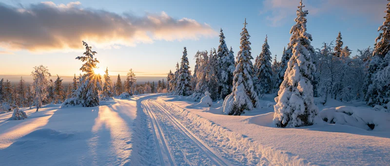 Snow-covered path winding through a pine forest at sunrise