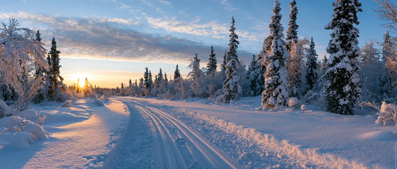 Snow-covered forest path with ski tracks leading toward sunrise horizon