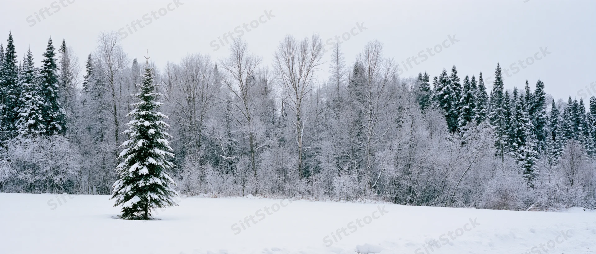 Snow-covered evergreen tree in a snowy field before a forest of mixed trees