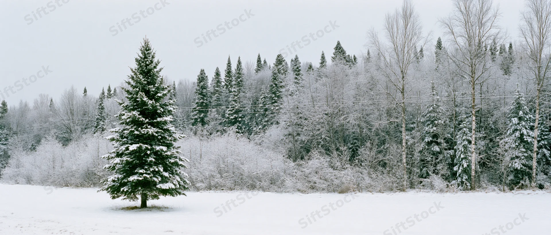 Snow-covered evergreen tree standing alone in a snowy field with forested hillside behind