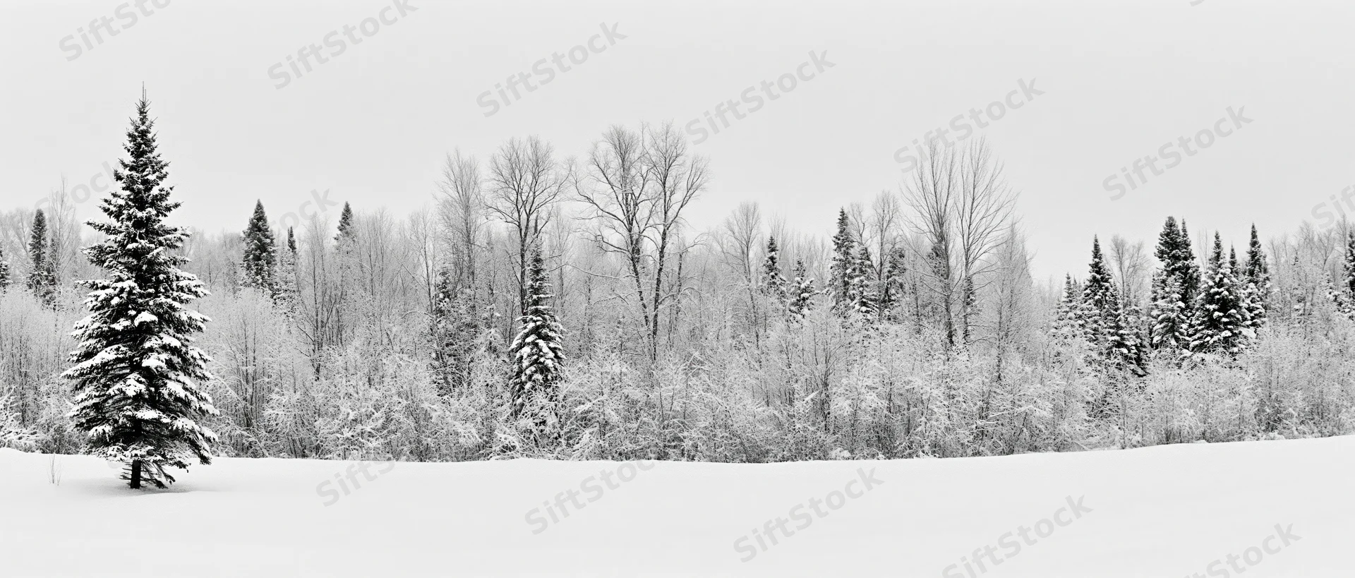 Snow-covered evergreen trees and bare deciduous trees lining a snowy field in a winter forest landscape
