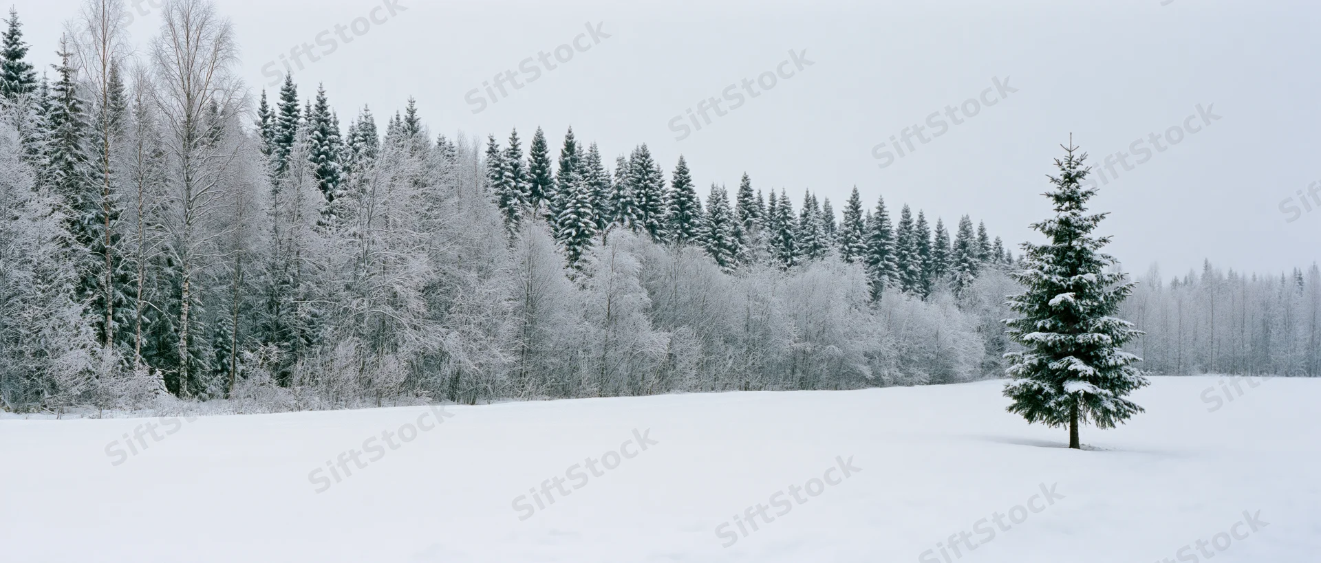 Rewritten to describe what is seen — a single snow-covered evergreen tree in a field, with a forest in the background. No adjectives, no mood, no interpretation. Sentence case, no trailing period. One clause. 72 characters