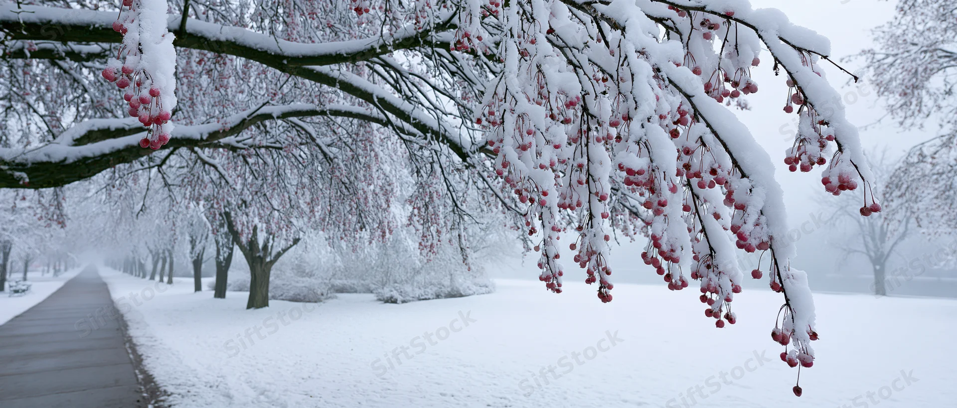 Snow-covered cherry tree branches with pink berries hanging over a snow-covered park pathway