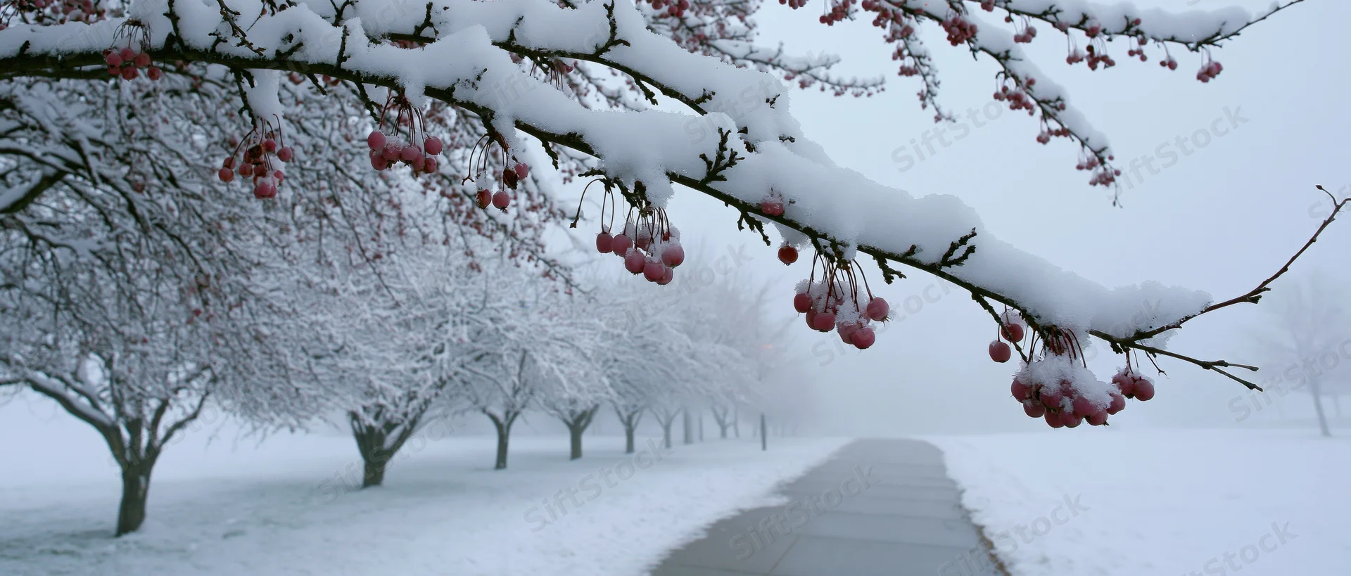 Snow-covered crabapple branches with red fruit lining a path in a winter park