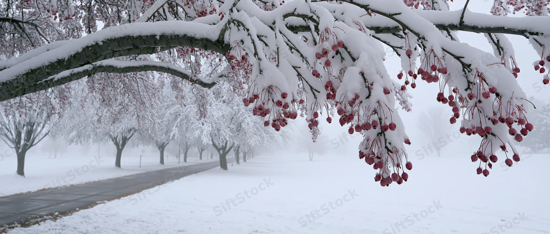 Snow-covered crabapple tree branches with red fruit hanging over a winter park pathway