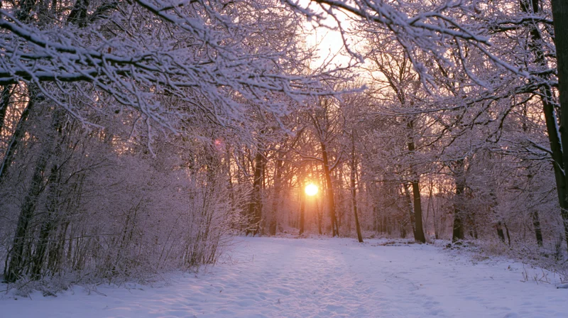 Snow-covered forest path at sunset with bare trees and golden light filtering through branches