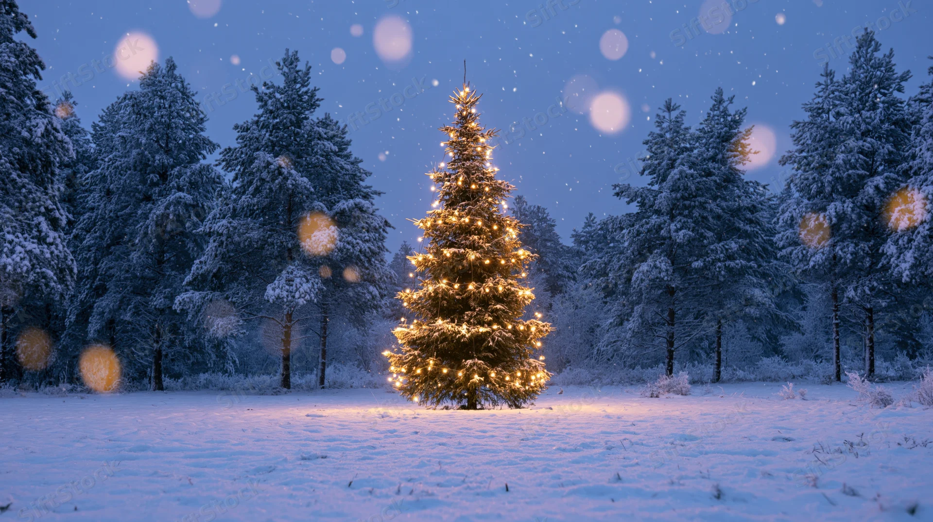 Illuminated christmas tree in snowy forest at night
