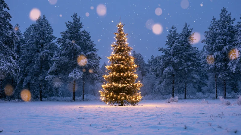 Illuminated christmas tree in snowy forest at night