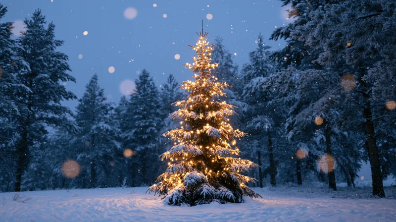 Illuminated christmas tree in snowy forest at twilight