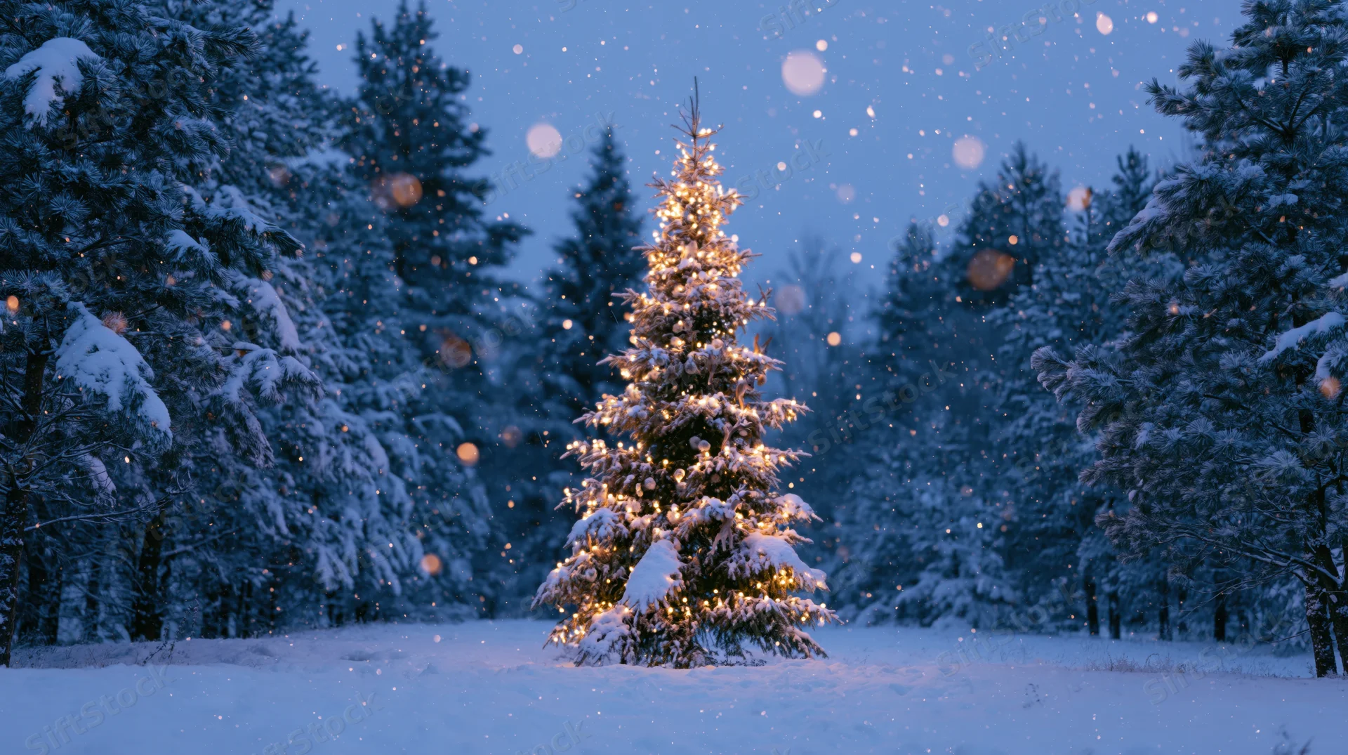 Illuminated christmas tree decorated with lights standing in snowy forest at night