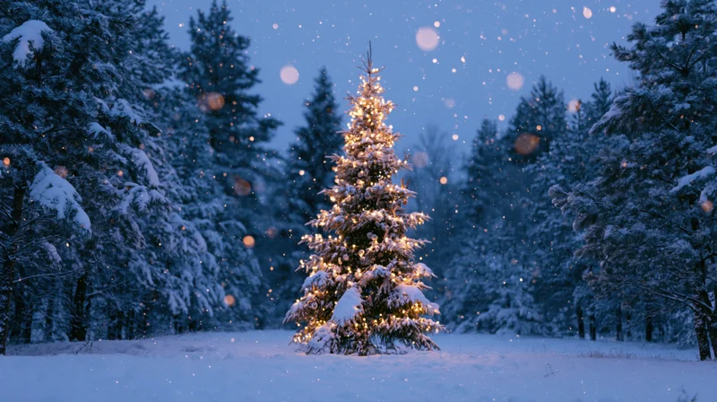 Illuminated christmas tree decorated with lights standing in snowy forest at night