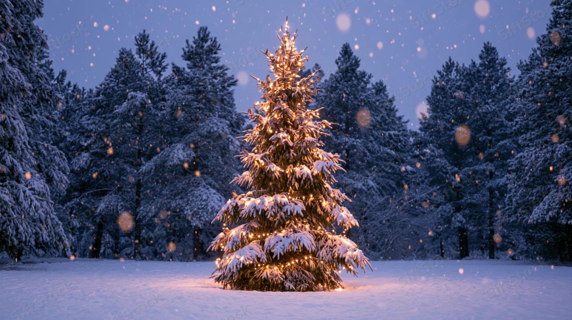Illuminated christmas tree covered in snow in a snowy forest at twilight