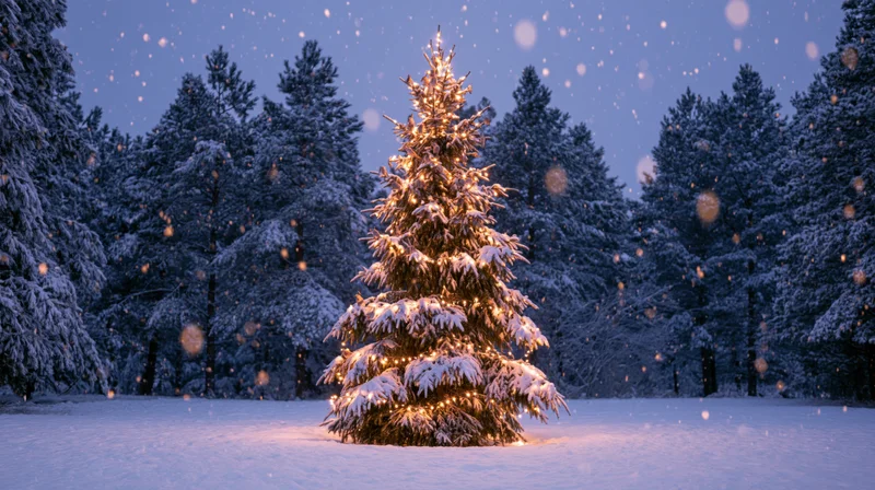 Illuminated christmas tree covered in snow in a snowy forest at twilight