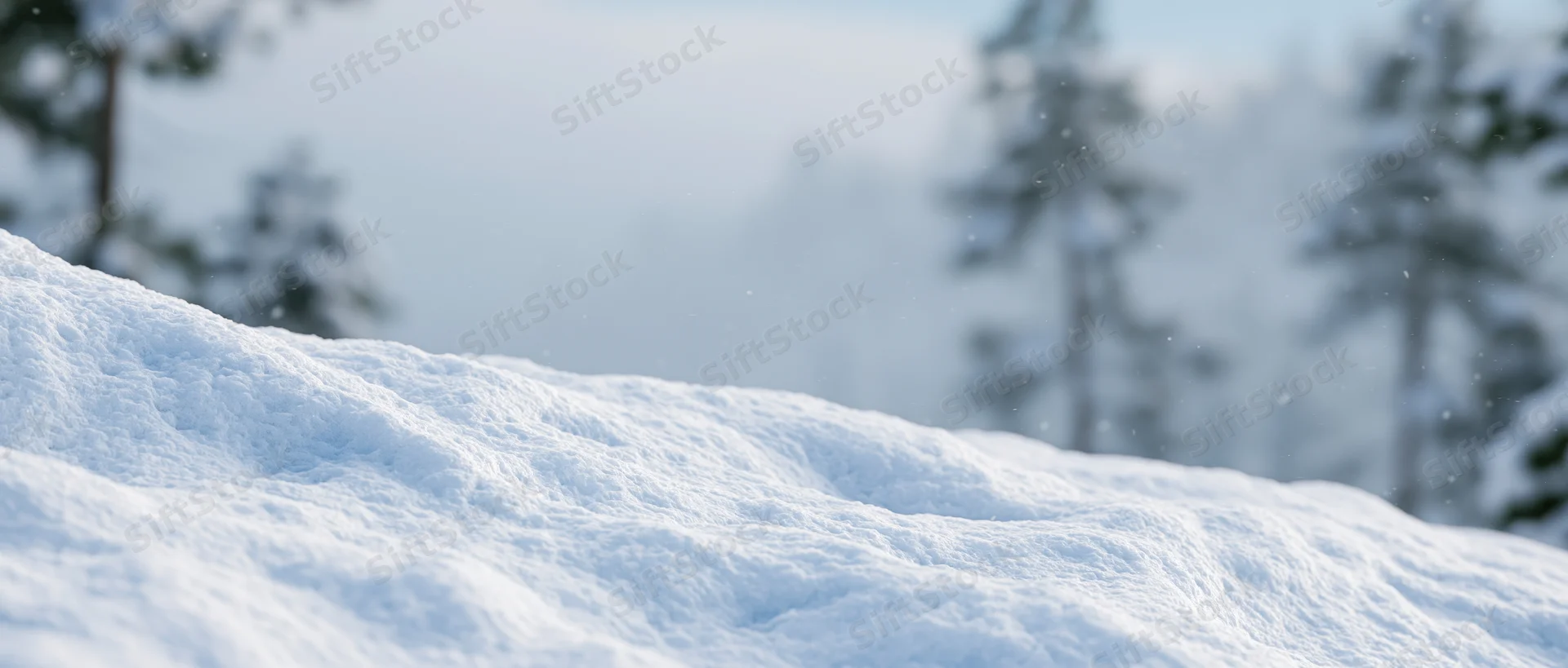 Snow-covered ground in a winter forest with falling snowflakes and blurred trees in the background