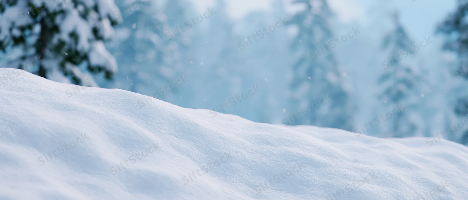 Snow-covered ground in a winter forest with blurred evergreen trees in the background