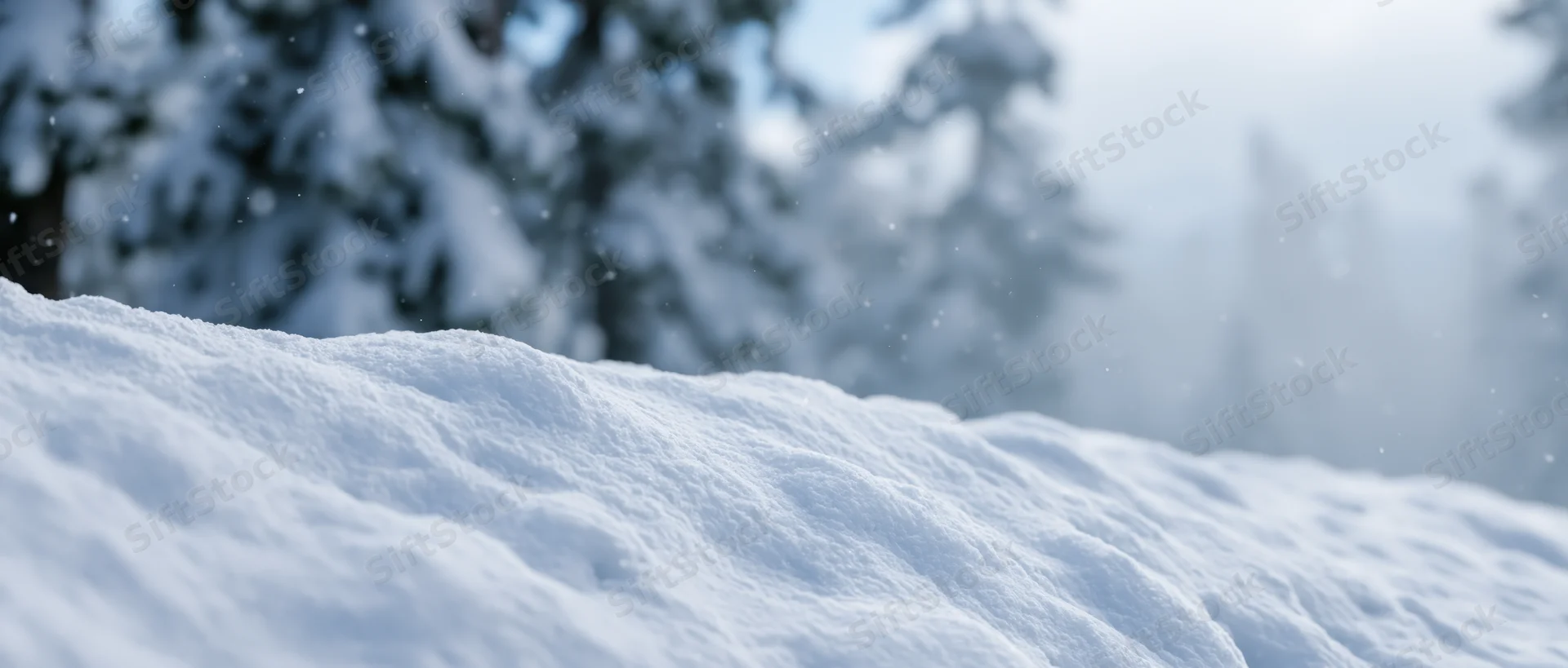 Snow-covered ground in a winter forest with blurred trees in the background
