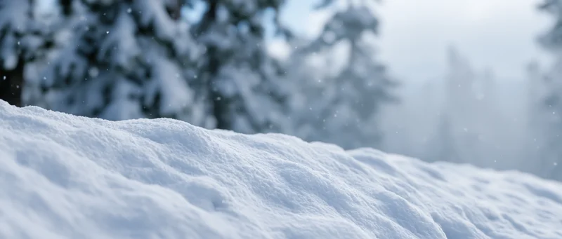 Snow-covered ground in a winter forest with blurred trees in the background