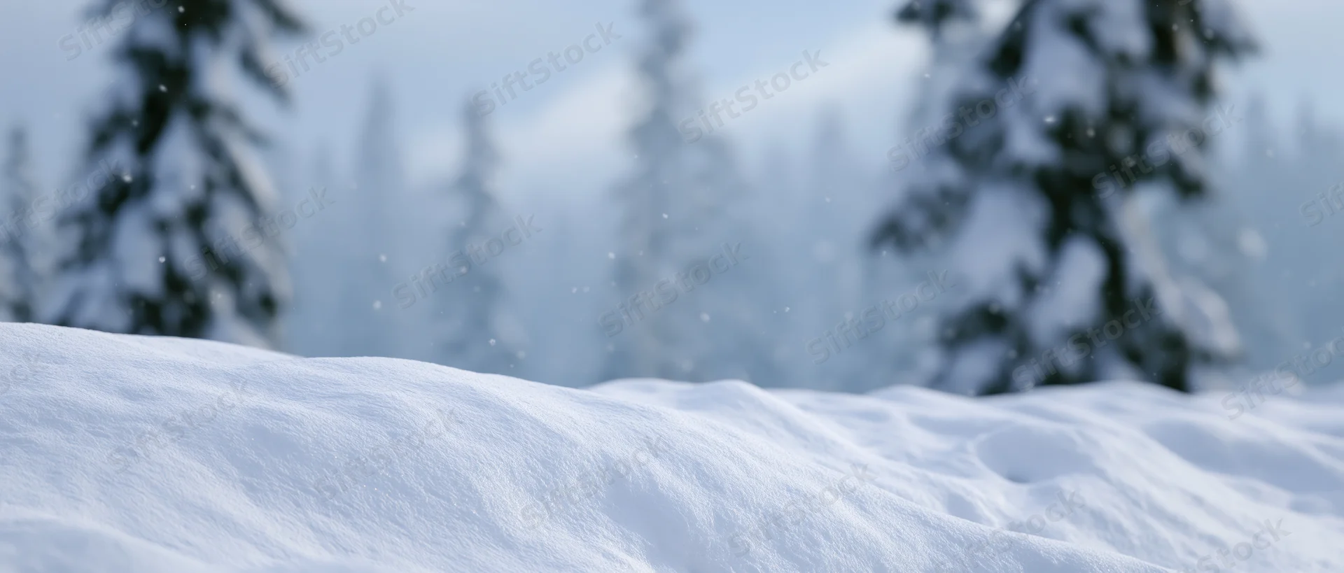 Snow-covered ground in a winter forest with blurred evergreen trees in the background