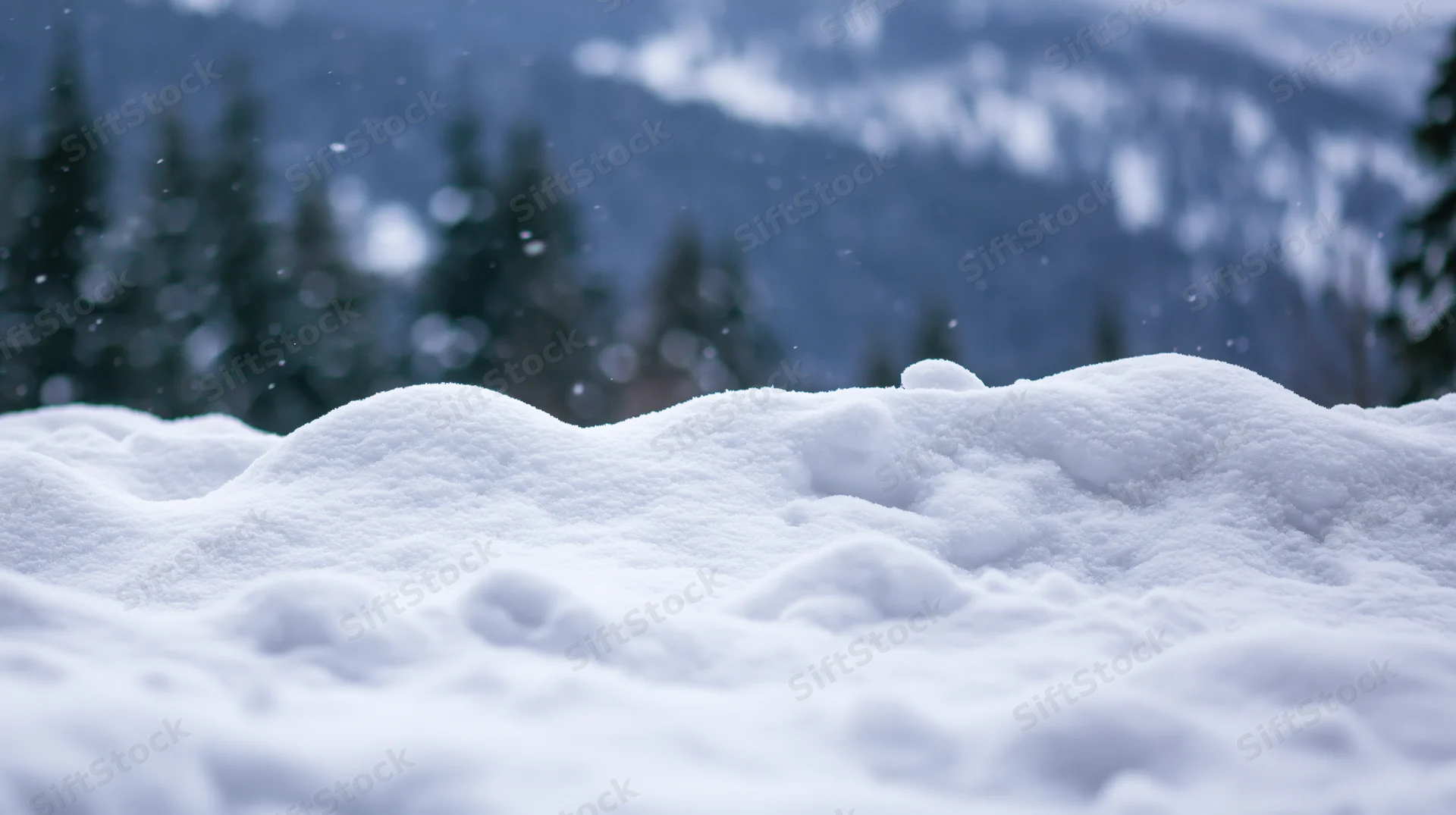Snow-covered ground with soft drifts in front of blurred forest and mountains during winter snowfall