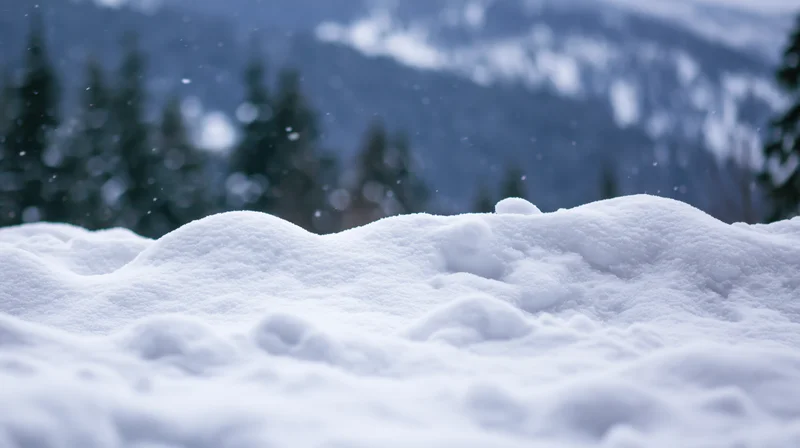 Snow-covered ground with soft drifts in front of blurred forest and mountains during winter snowfall