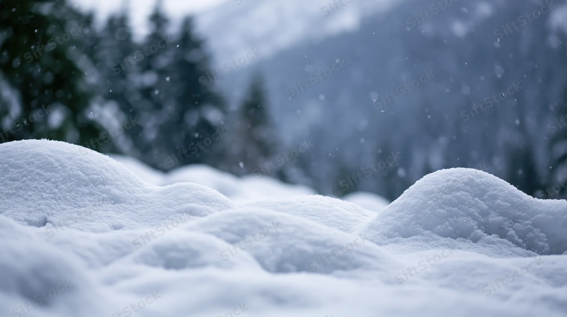 Snow-covered ground with drifting mounds in a forested mountain landscape during snowfall