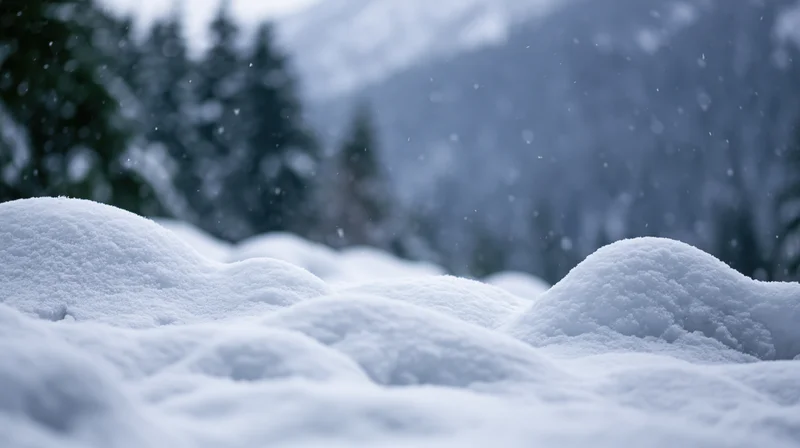 Snow-covered ground with drifting mounds in a forested mountain landscape during snowfall