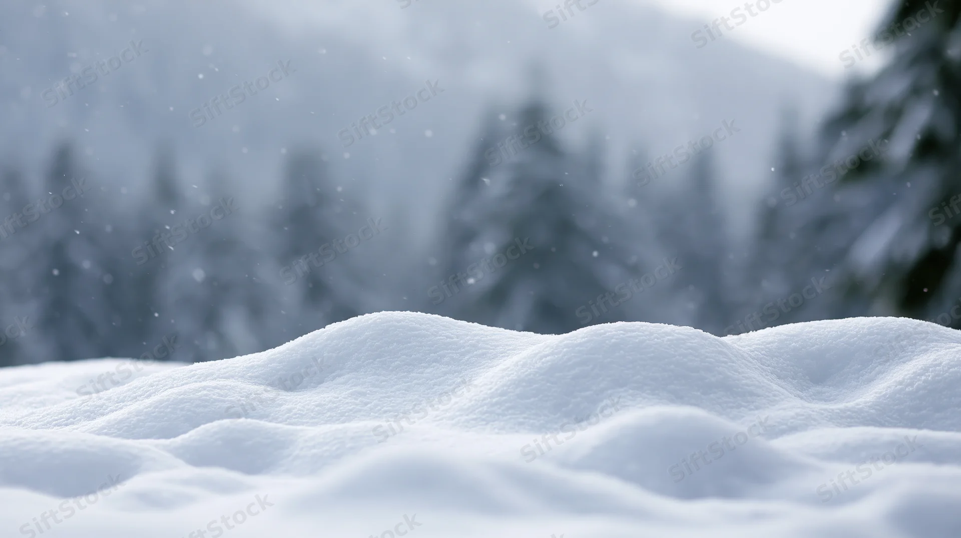 Snowdrifts in a forested mountain landscape during winter snowfall