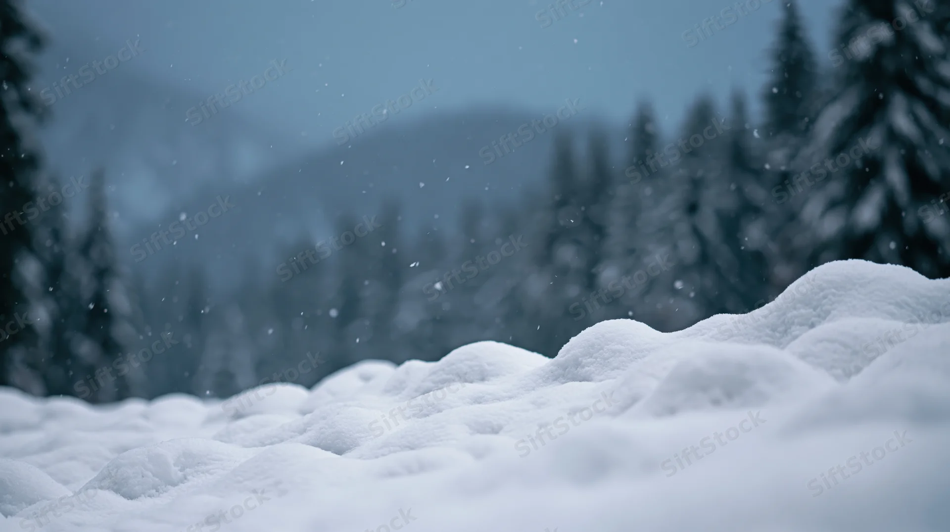 Snow-covered ground in a forest with distant mountains under falling snow