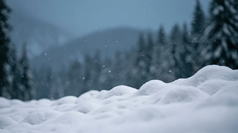 Snow-covered ground in a forest with distant mountains under falling snow