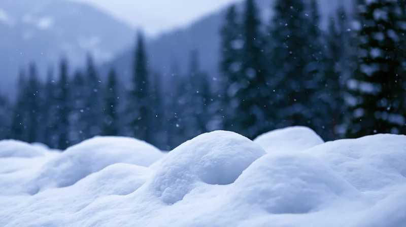 Snowdrifts in a forested mountain landscape during snowfall