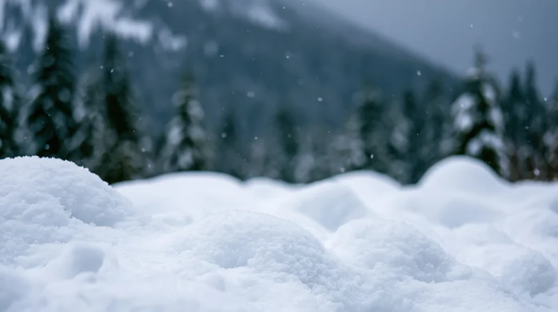 Snow-covered ground with drifting snow in front of a forested mountain range