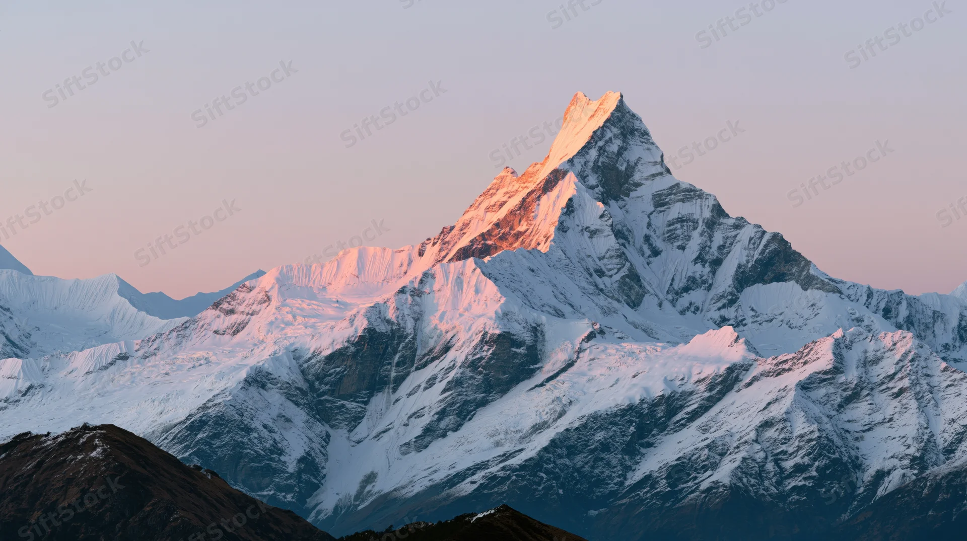 Snow-covered mountain peak glowing at sunrise with alpenglow over rugged alpine terrain