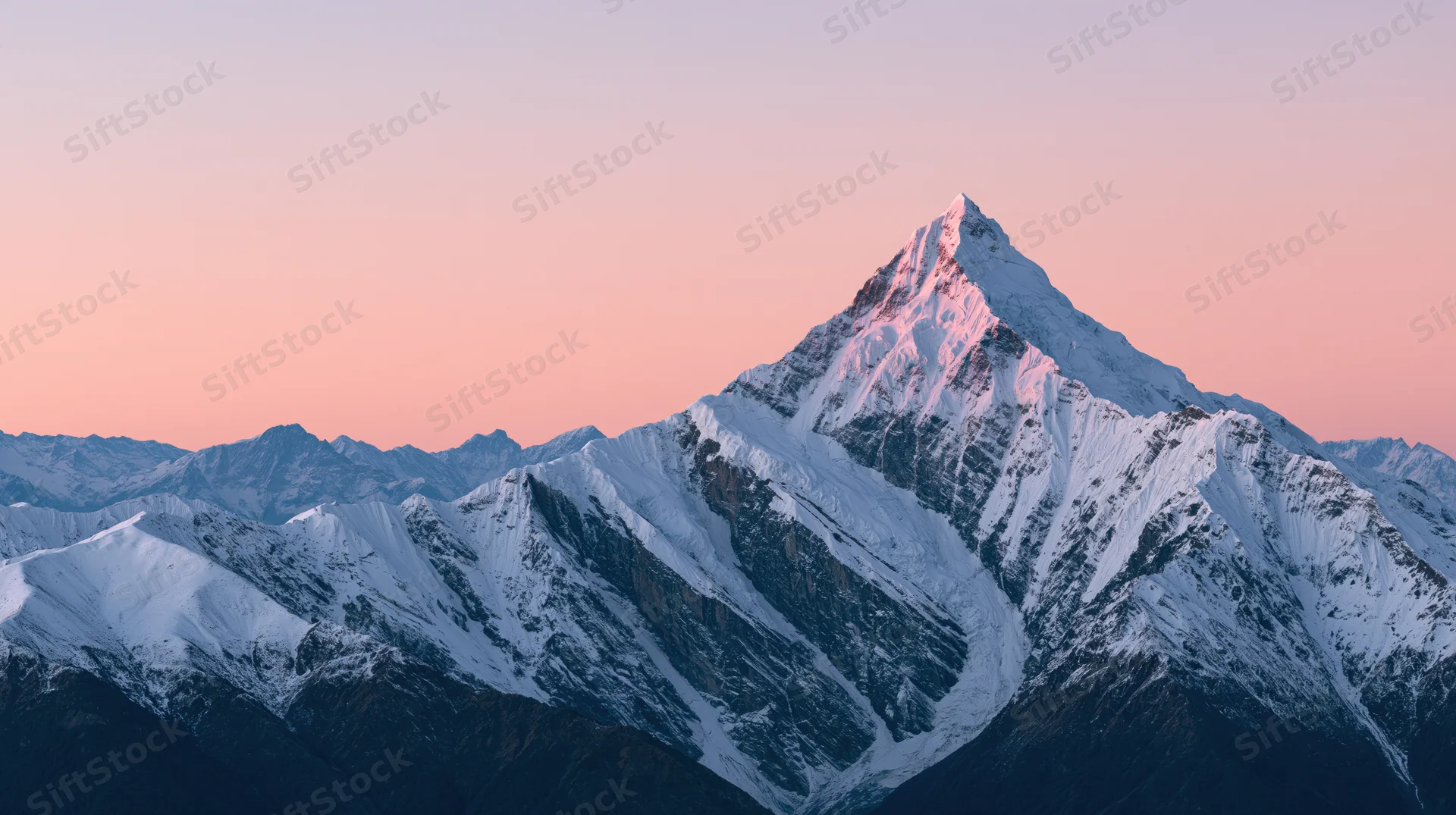 Snow-covered mountain peak rising above ridges at dawn with pink sky above