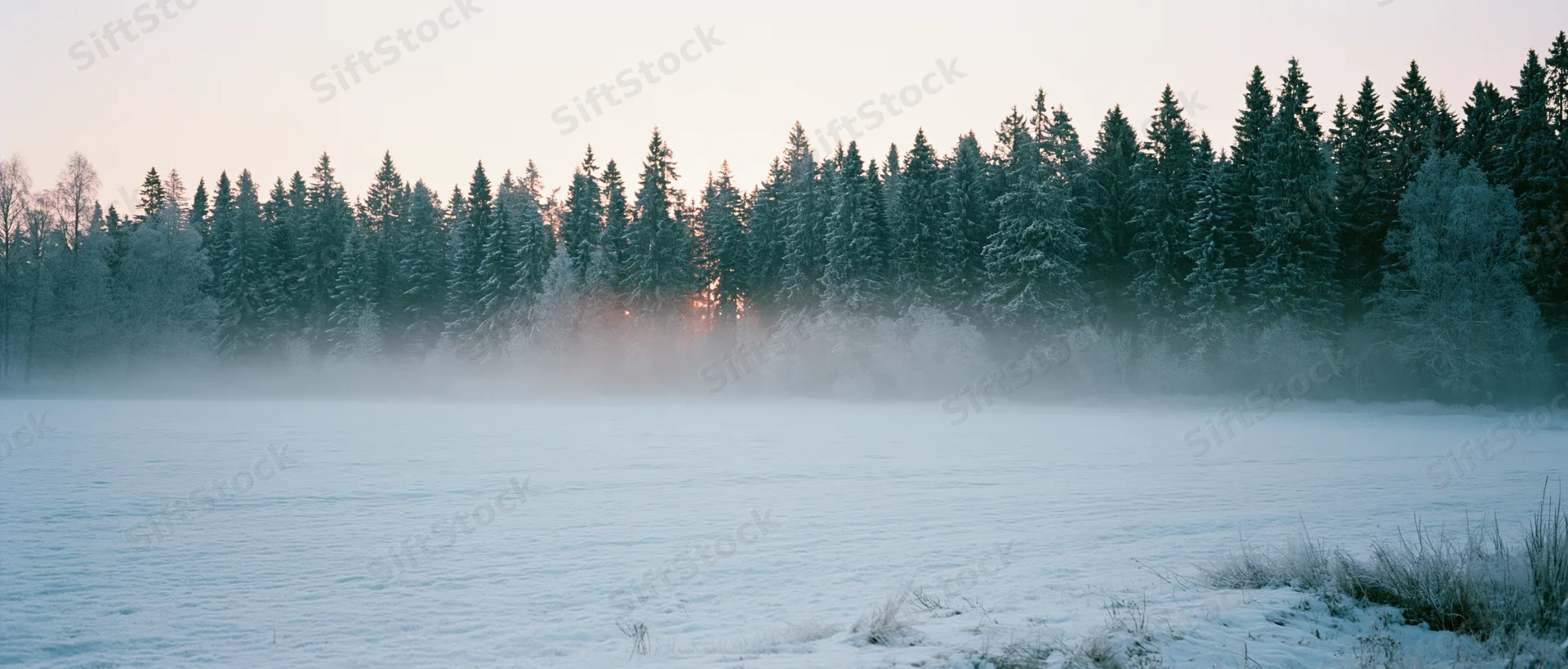 Snow-covered frozen lake bordered by frosty pine forest at sunrise