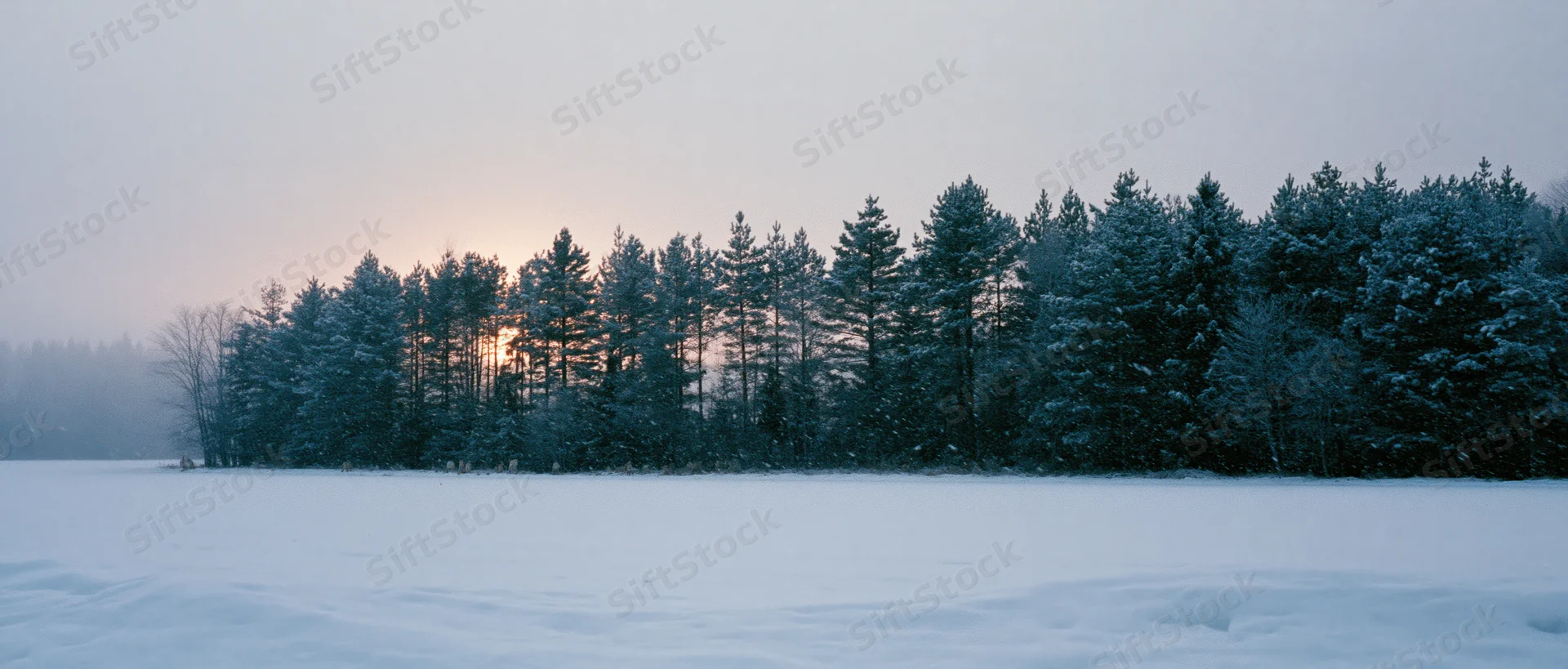 Snow-covered pine forest lining a frozen lake at twilight
