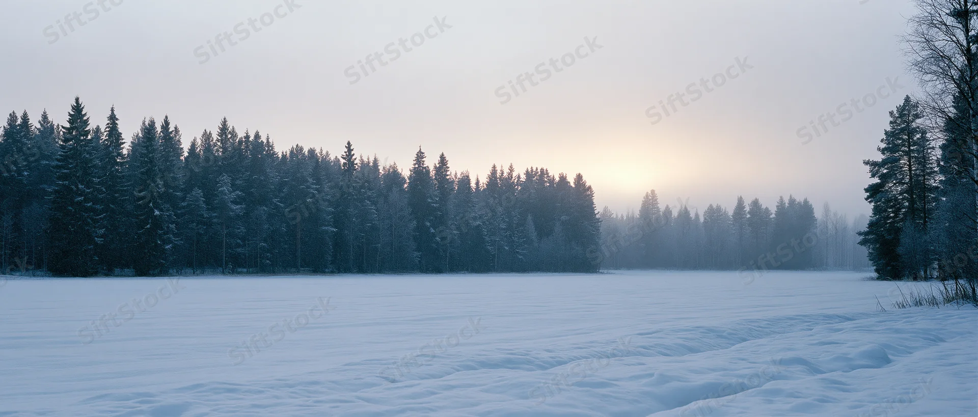 Snow-covered field bordered by pine forest at sunrise in winter