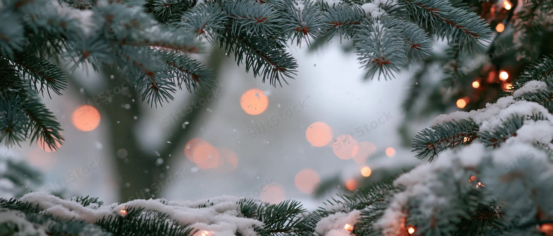 Snow-covered pine branches with warm bokeh lights in winter holiday setting