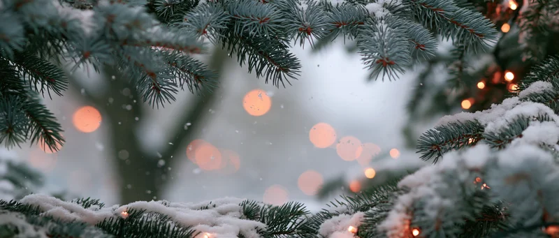Snow-covered pine branches with warm bokeh lights in winter holiday setting