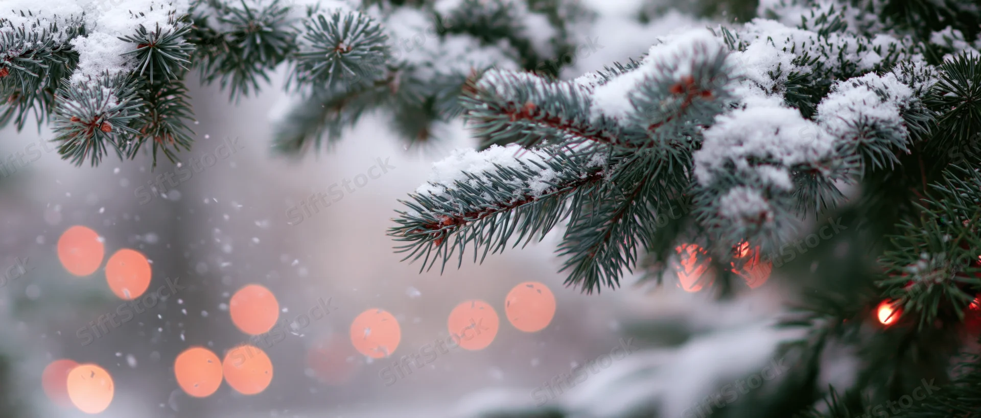 Snow-covered pine branches with blurred festive lights in background