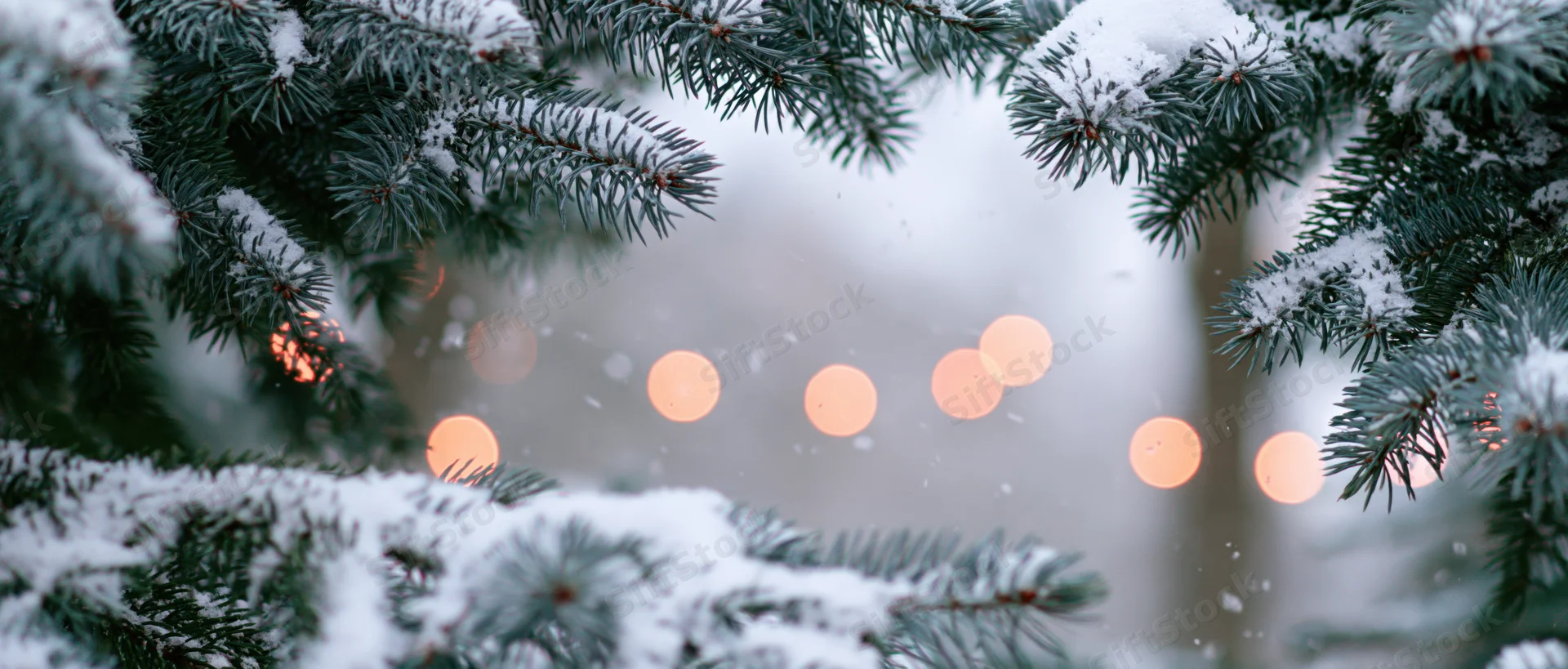 Snow-covered pine branches framing warm bokeh lights in a winter scene