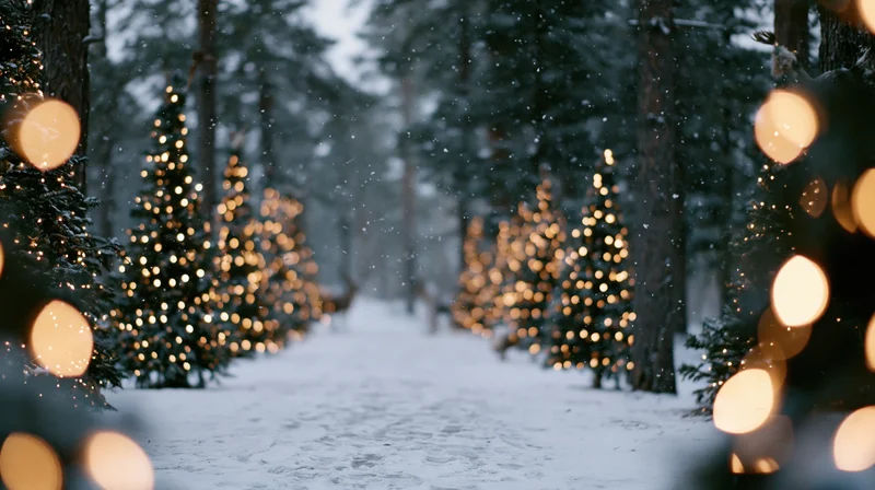 Illuminated christmas trees lining a snowy forest path at night