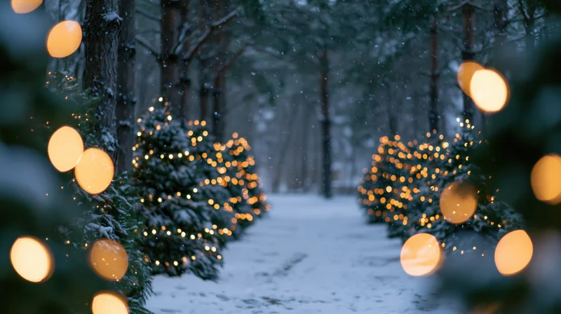 Snow-covered evergreen trees lined with warm glowing lights along a forest path at night