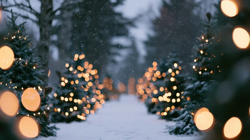Snow-covered evergreen trees lined with warm glowing lights along a winter pathway