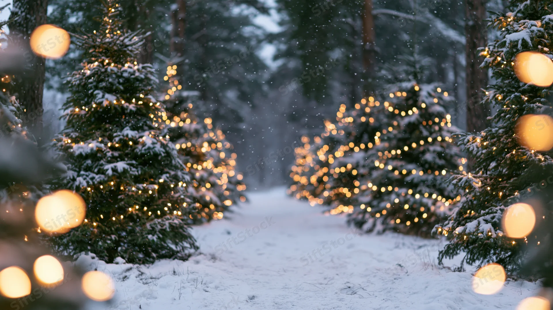 Snow-covered evergreen trees decorated with warm glowing lights lining a pathway in a winter forest