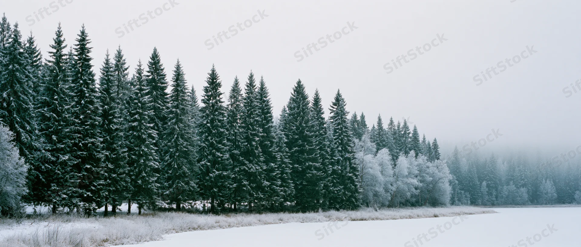 Snow-covered evergreen trees lining a frozen lake shore under overcast sky