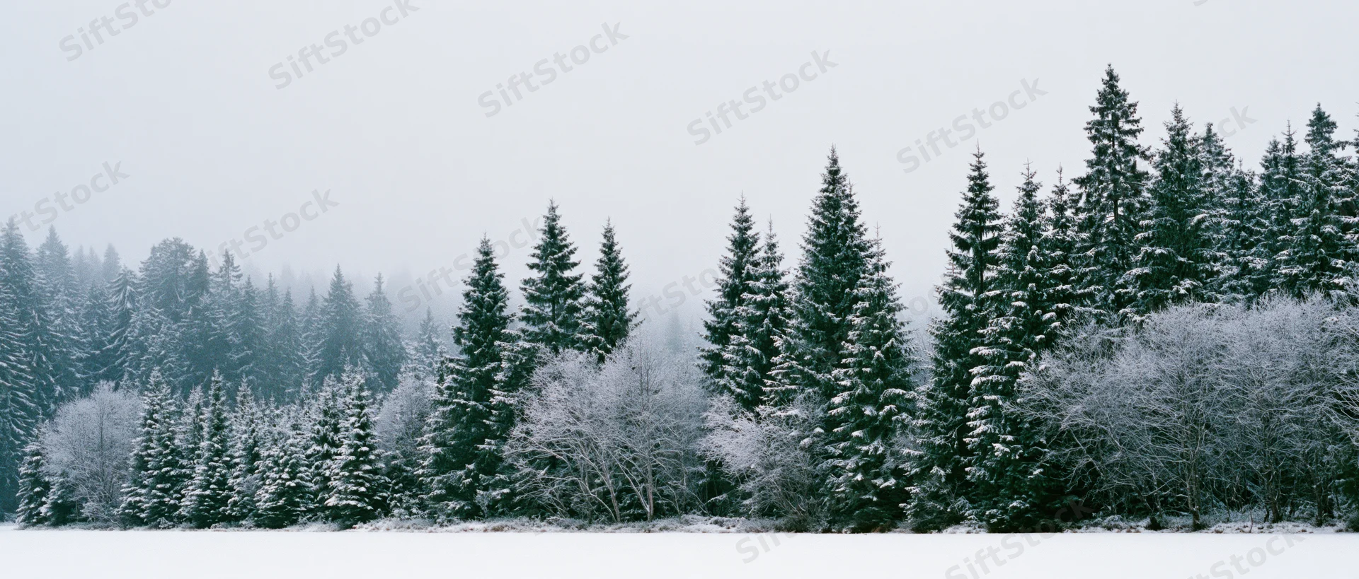 Snow-covered evergreen trees and shrubs in a forest landscape under an overcast sky