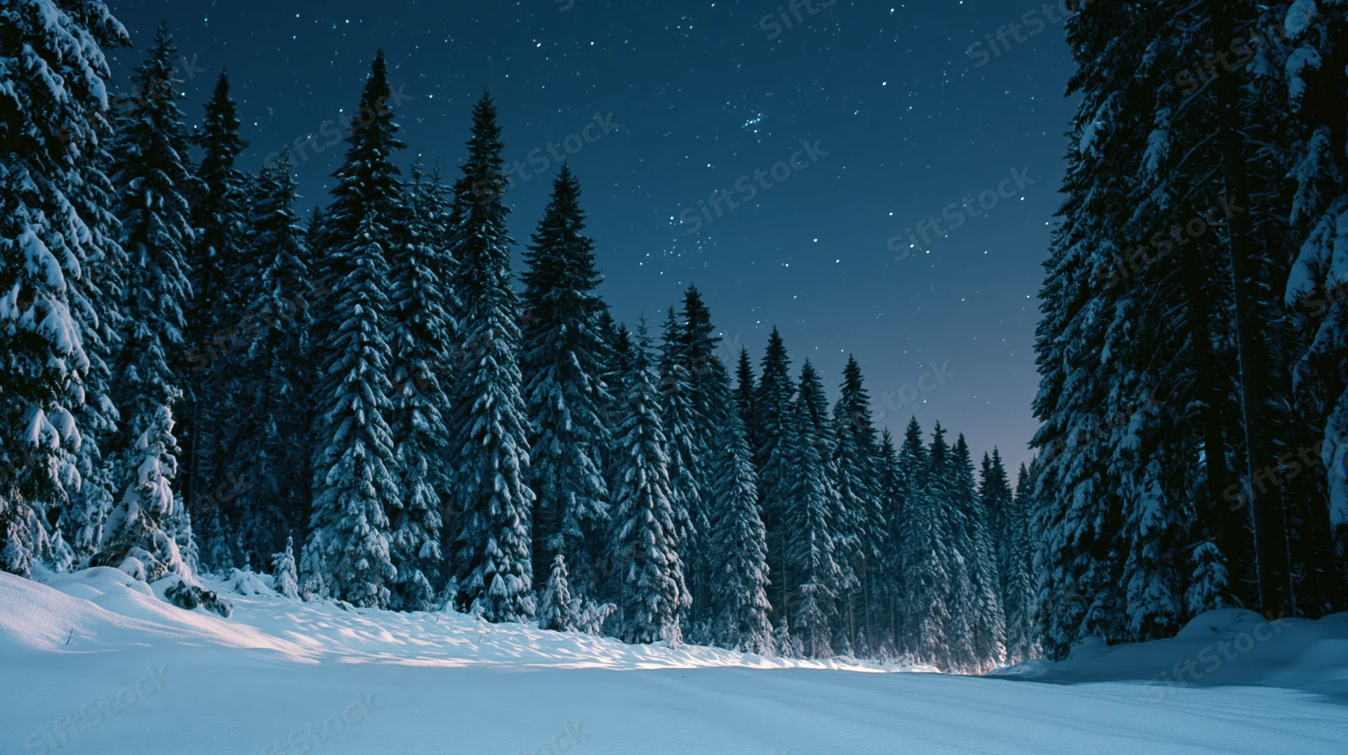 Snow-covered pine forest at night under a starry sky with a clear path through the trees