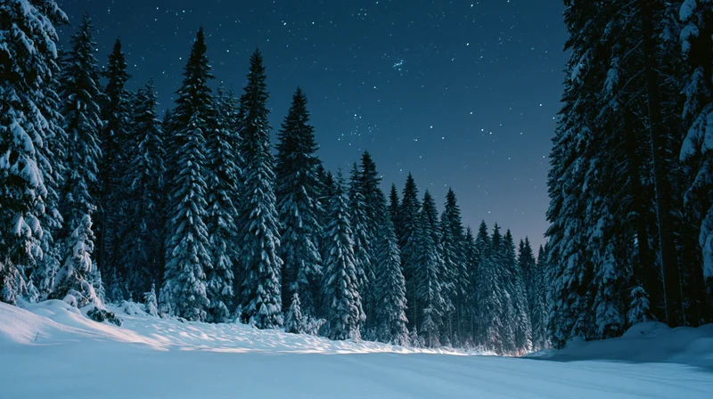 Snow-covered pine forest at night under a starry sky with a clear path through the trees