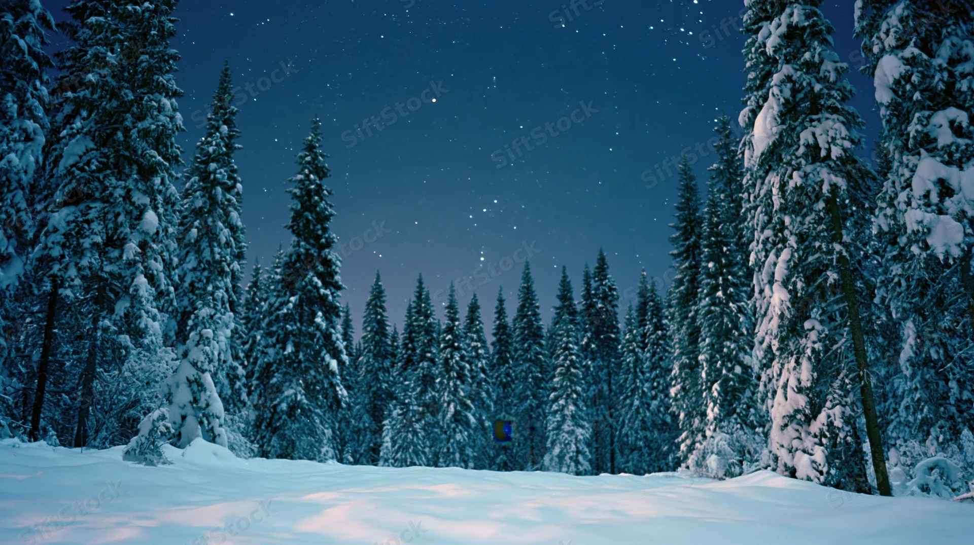 Snow-covered pine trees in a quiet forest at night under a starry sky
