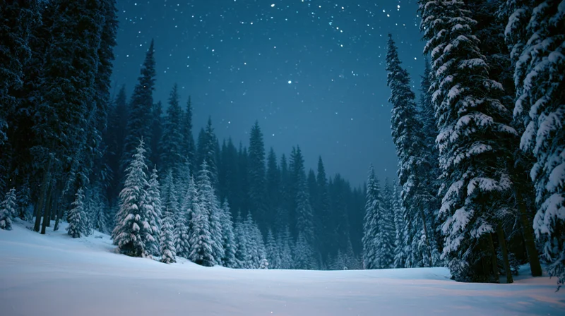 Snow-covered pine trees in a quiet forest at night under a starry sky
